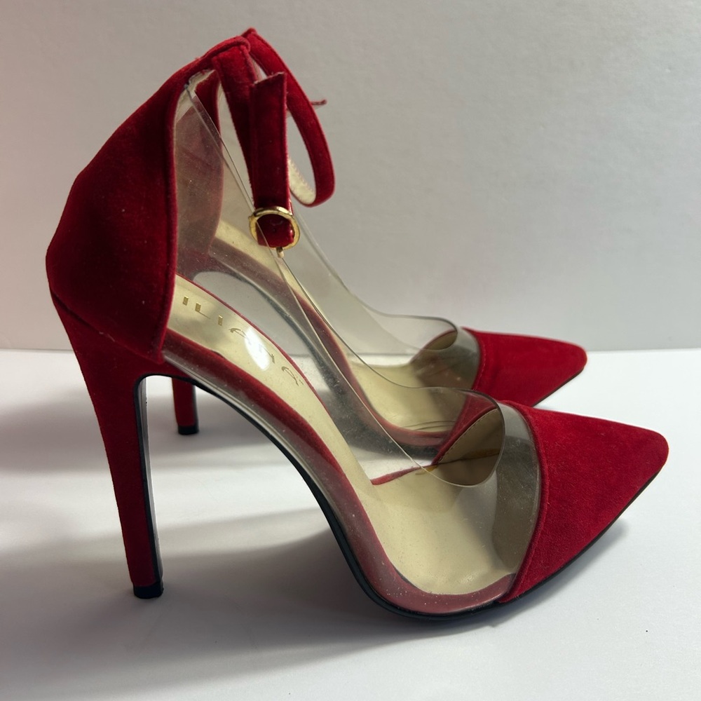 Liliana Olga-1 Red Suede and Clear PVC Ankle Strap Heels – Size 8